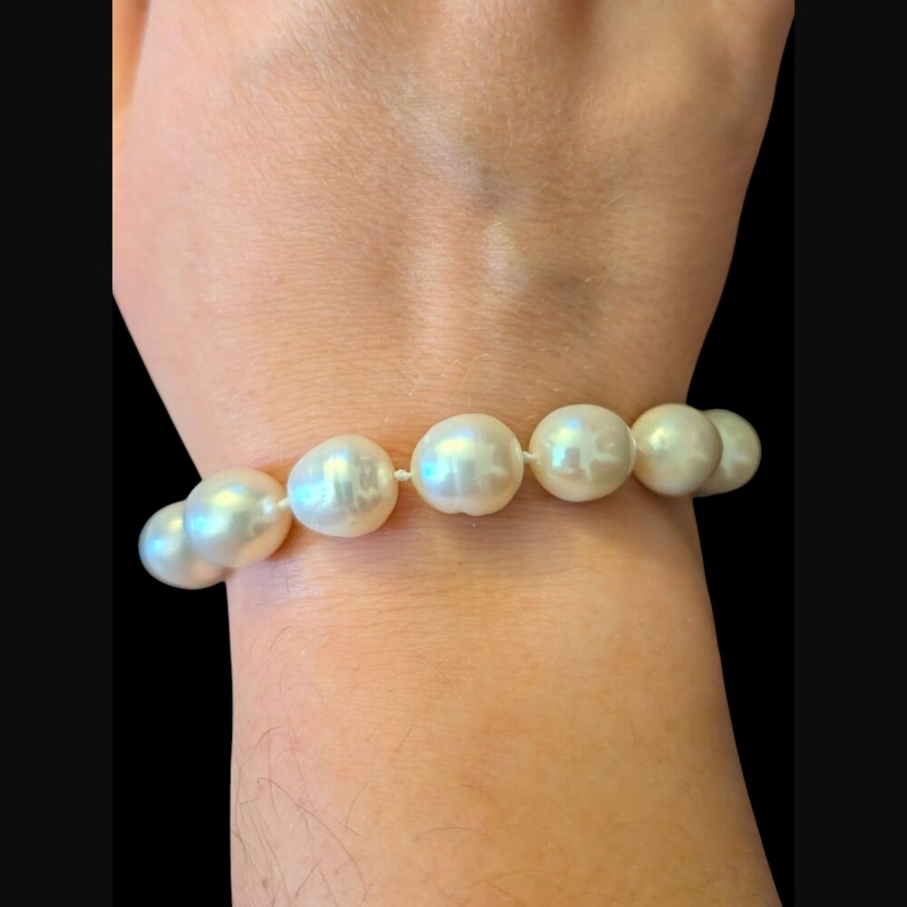 Natural Large Pearl 12.5mm Ball Pave Crystal Ball Clasp 6.75" Bracelet